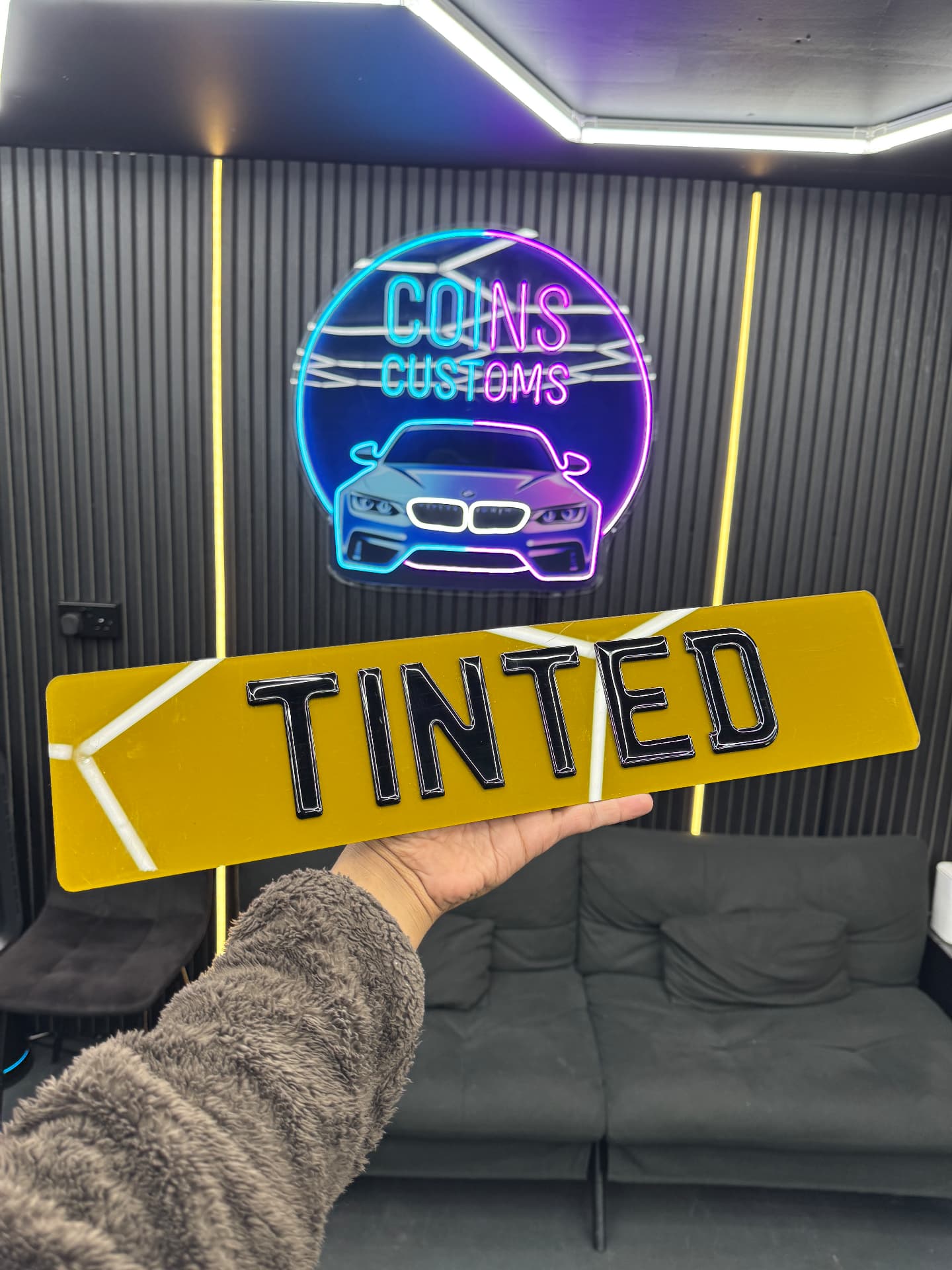 Tinted custom number plate by Coins Customs